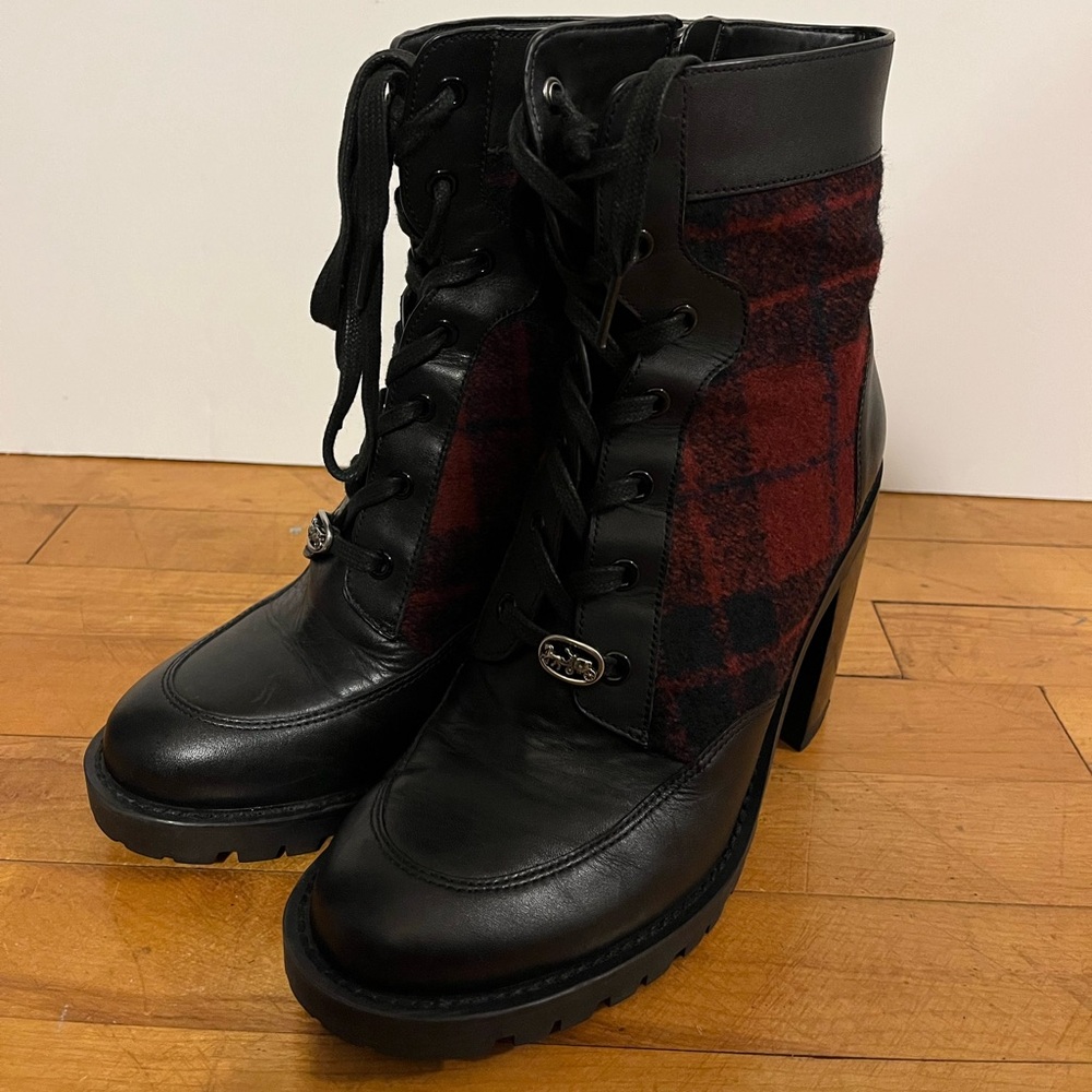 Coach Women’s Hedy Lace Up Leather Boot Red/Black Plaid Size 10